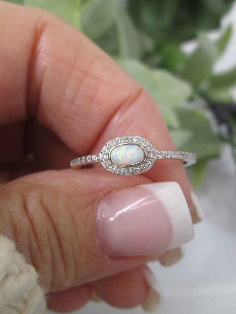 Opal Ring>925 Opal Ring With Simulated Diamonds,Halo Opal Ring,Sterling Silver